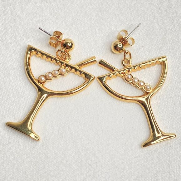Dangle Drop Earrings Gold Tone Martini Cocktail Mini Imitation Pearl Beads - Picture 1 of 9